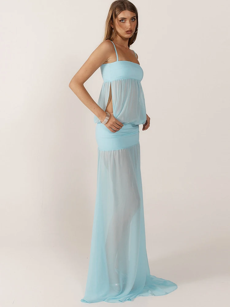 Oniflyme 스파게티 스트랩 쉬어 맥시 드레스 여성 가운 패치 워크 민소매 백리스 이브닝 파티 드레스 streetwear sexy vestido