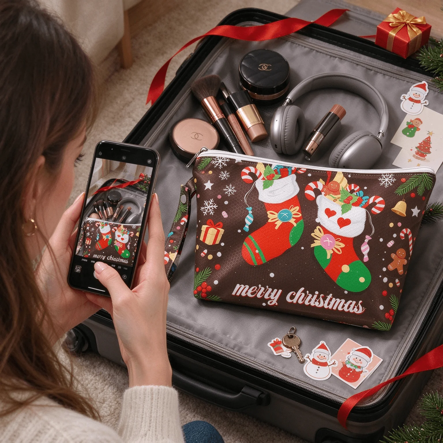 Christmas Stocking Print Large Capacity Makeup Bag, Portable Travel Cosmetic Pouch with Wrist Strap