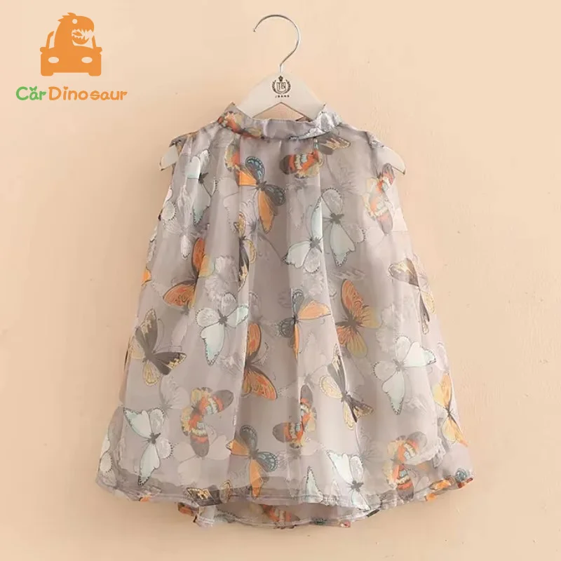 2025 Summer New 3 4 5 6 8 10 12 Years Sweet Stand Collar Sleeveless Loose Floral Thin Baby Kids Girls Blouse Chiffon Shirt