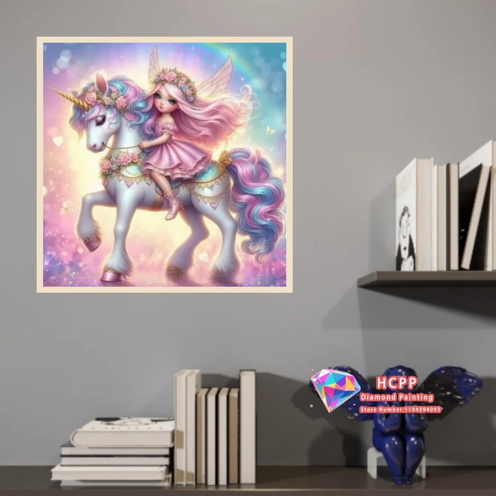 Fairy Ride Rainbow Unicorn Flower 5D DIY Diamond Painting Set with Square and Round Diamonds Handmade Crafts Home Decor Gifts