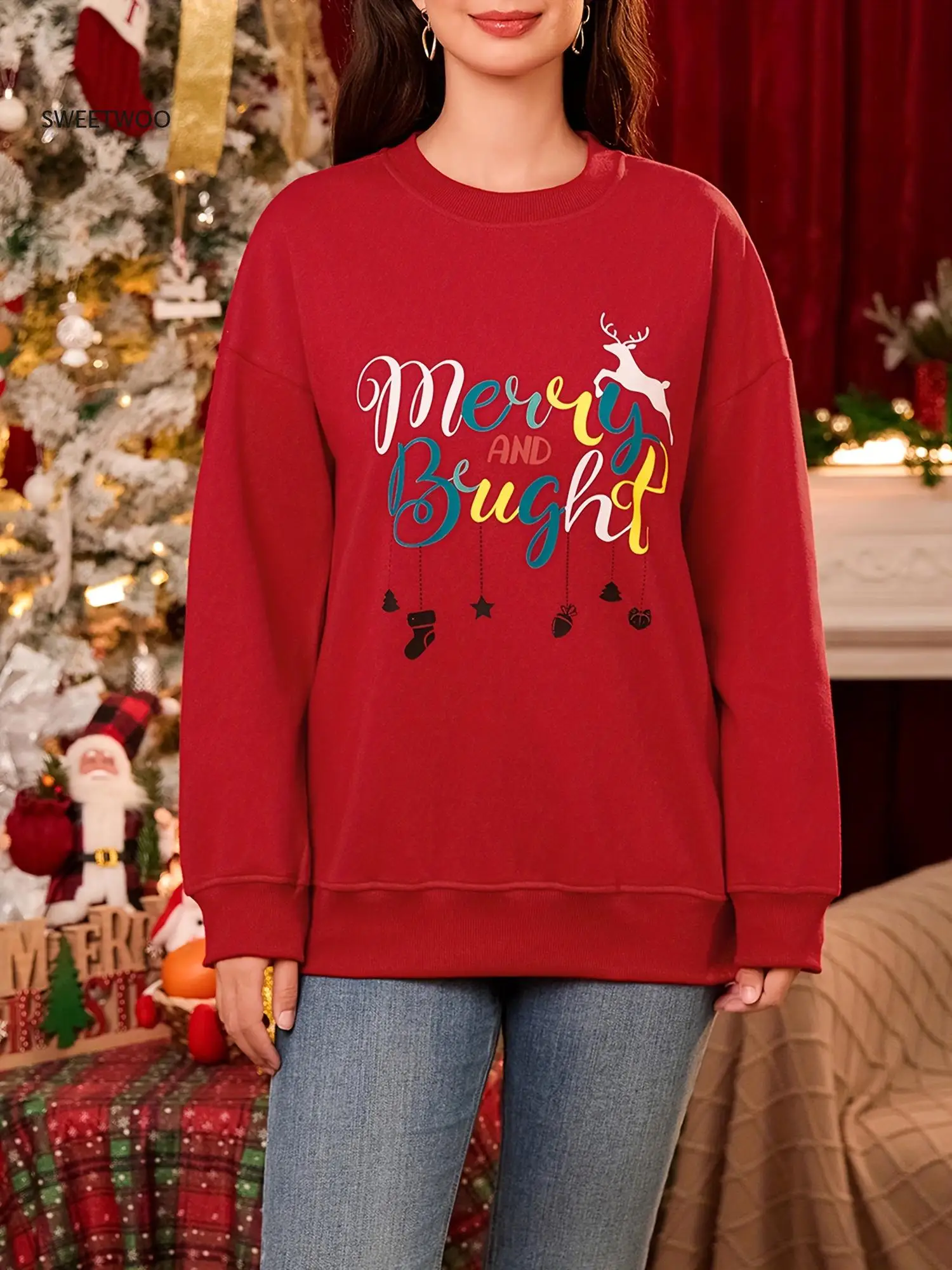 

Женская рождественская толстовка с принтом оленя — уютный свитер с круглым вырезом и длинными рукавами с оленями и буквами (Candy Cane/JOY/HO/THE), мягкий