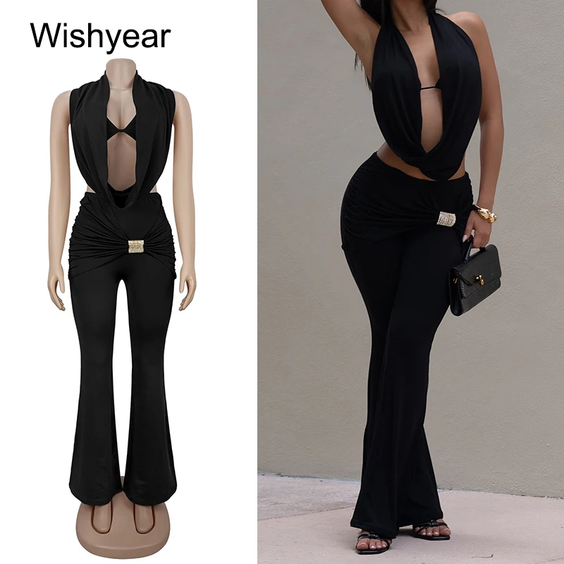 

Wishyear Sexy Halter Backless Collar Crop Top and Flare Bottoms Two 2 Piece Pants Sets Woman Elegant Birthday Night Club Outfit