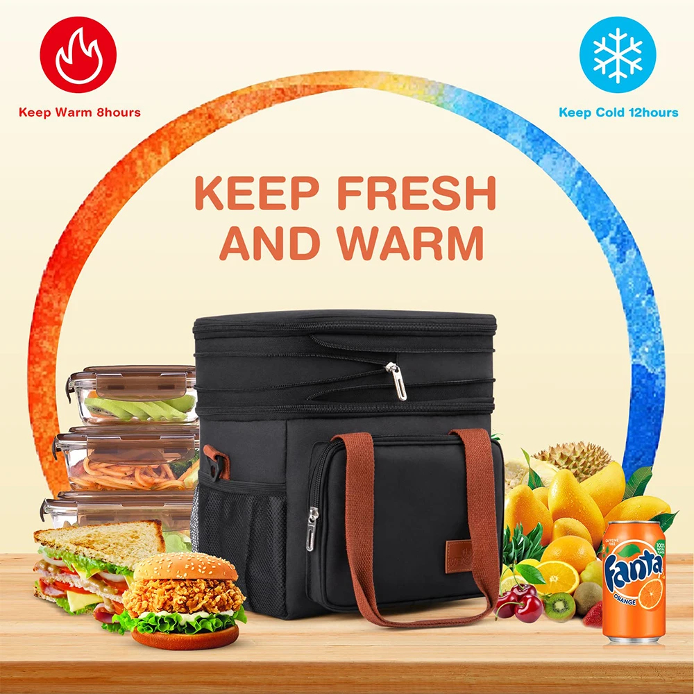 Expandable Insulated Double Deck Lunch Snack Bag 17L Large Cooler Box Leakproof for Work/Picnic/Camping/Travel with Side Pocket