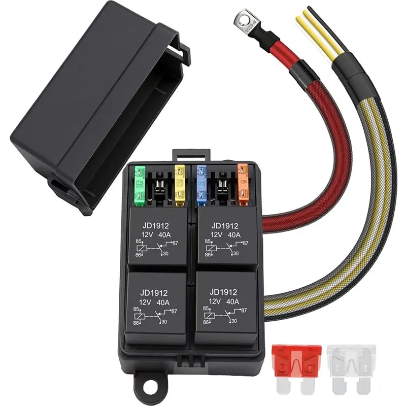 

M93K-Universal Block For Car Truck Marine Boat 12V 4 Way Fuse Relay Box,4 Relays And 4 ATC/ATO Blade Fuses