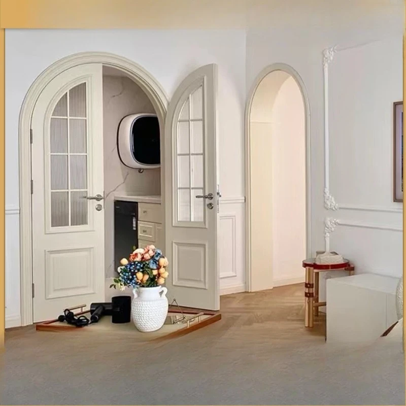 French Double Door White Painted Bedroom Soundproof Wooden Door Glass Door