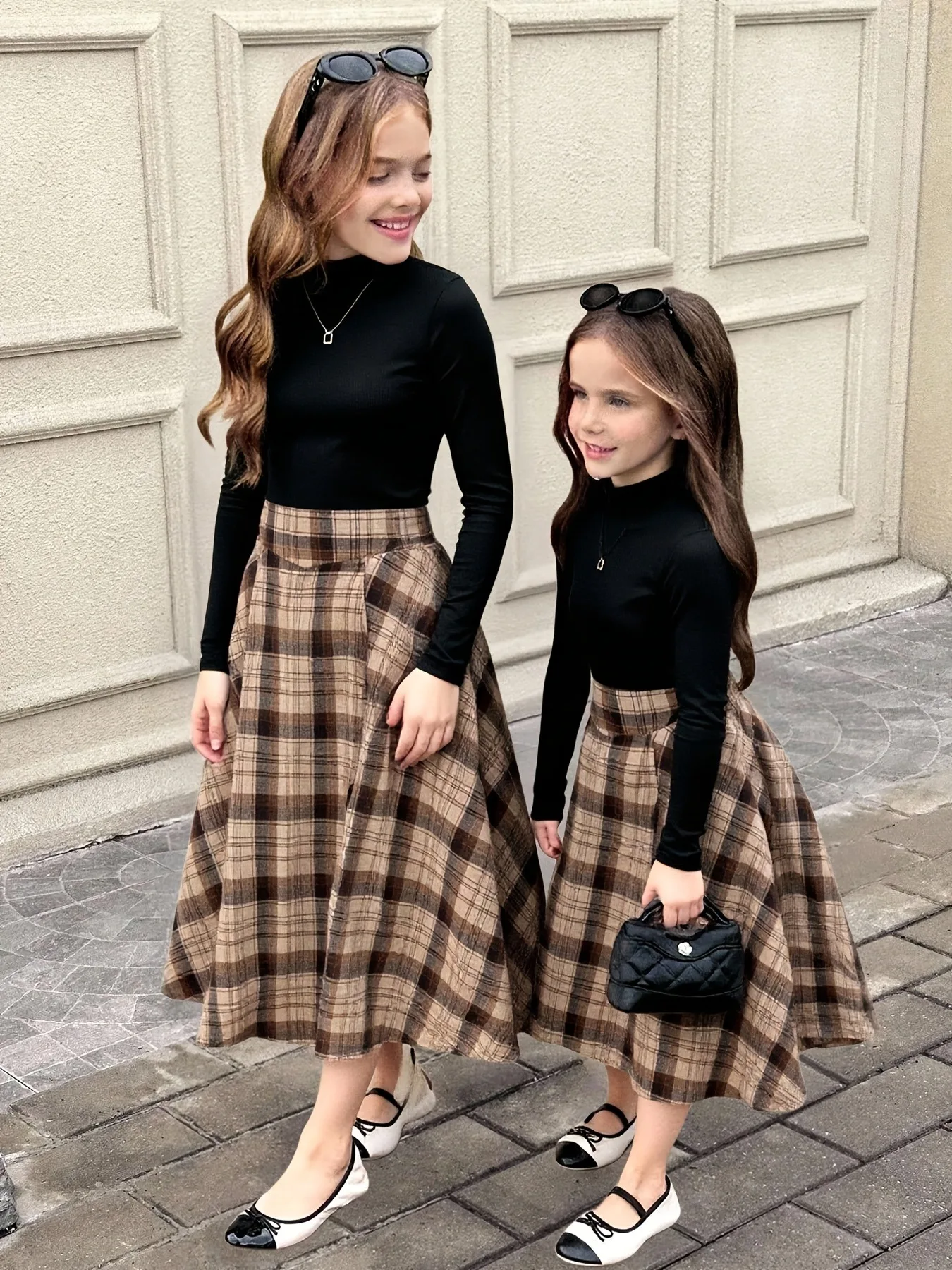 Kids Girls 2-Piece Plaid Skirt Set, Black Turtleneck Top + Brown Plaid A-Line Midi Skirt Casual Autumn Outfit