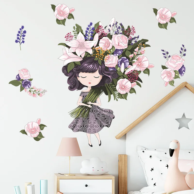 

Cartoon Girl With Flowers In Her Arms Wall Stickers for Kids Room Nursery Wall Decals for Girls Bedroom PVC Decorative Stickers