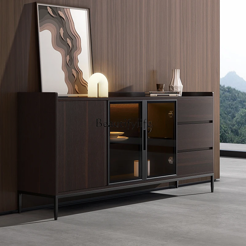 Italian light luxury dining side cabinet integrated against the wall ultra-thin glass storage cabinet