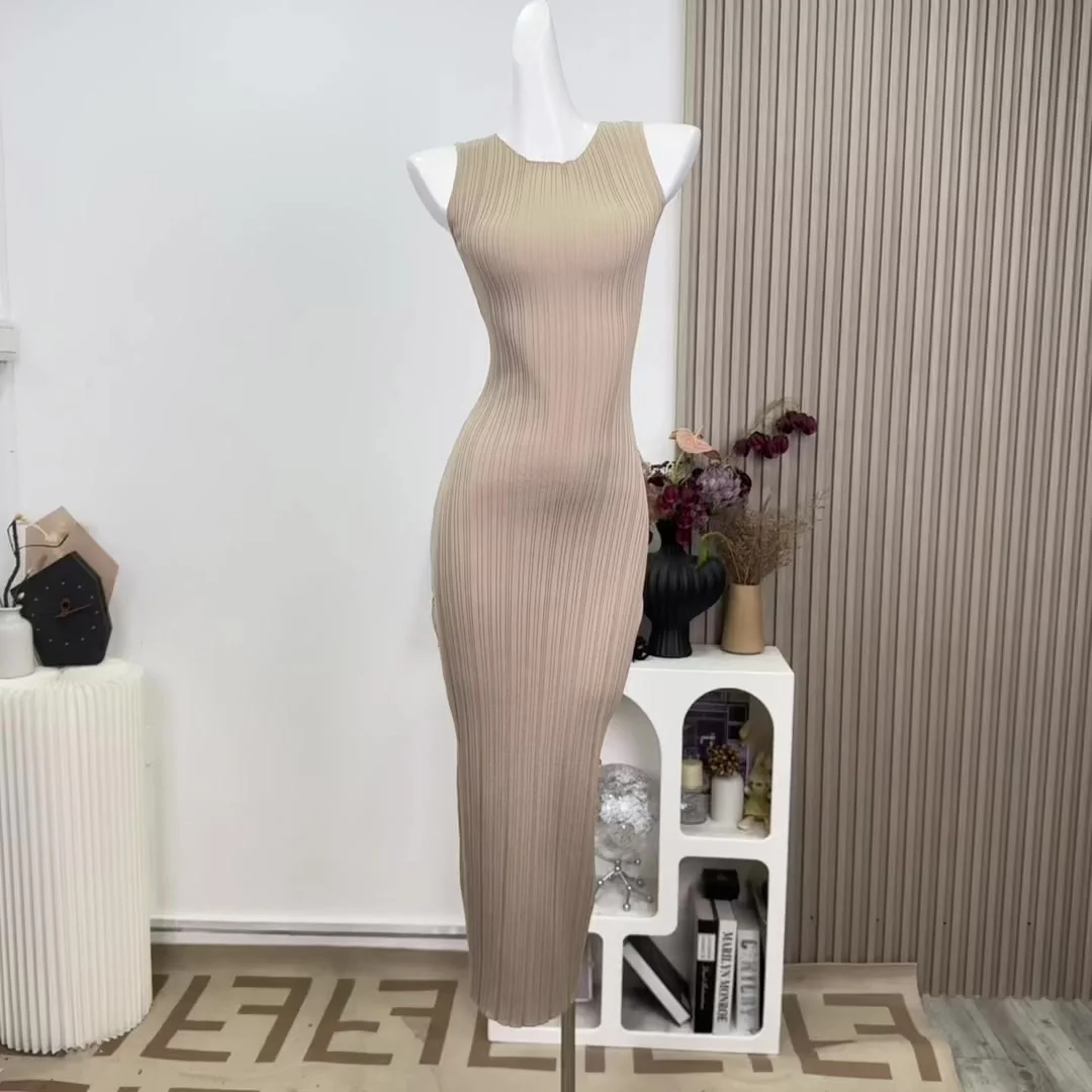 

ALPHALMODA 2025, новое трикотажное платье, чистый текстурный узор, без рукавов, с круглым вырезом, женское, элегантное, длинное платье