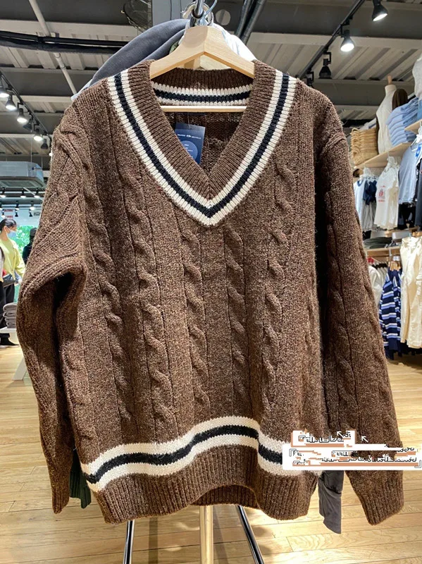 

Американский ретро-свитер в стиле кэжуал для колледжа, вязаный, с V-образным вырезом, коричневый, женский, с длинными рукавами, шерстяной трикотаж для повседневной носки