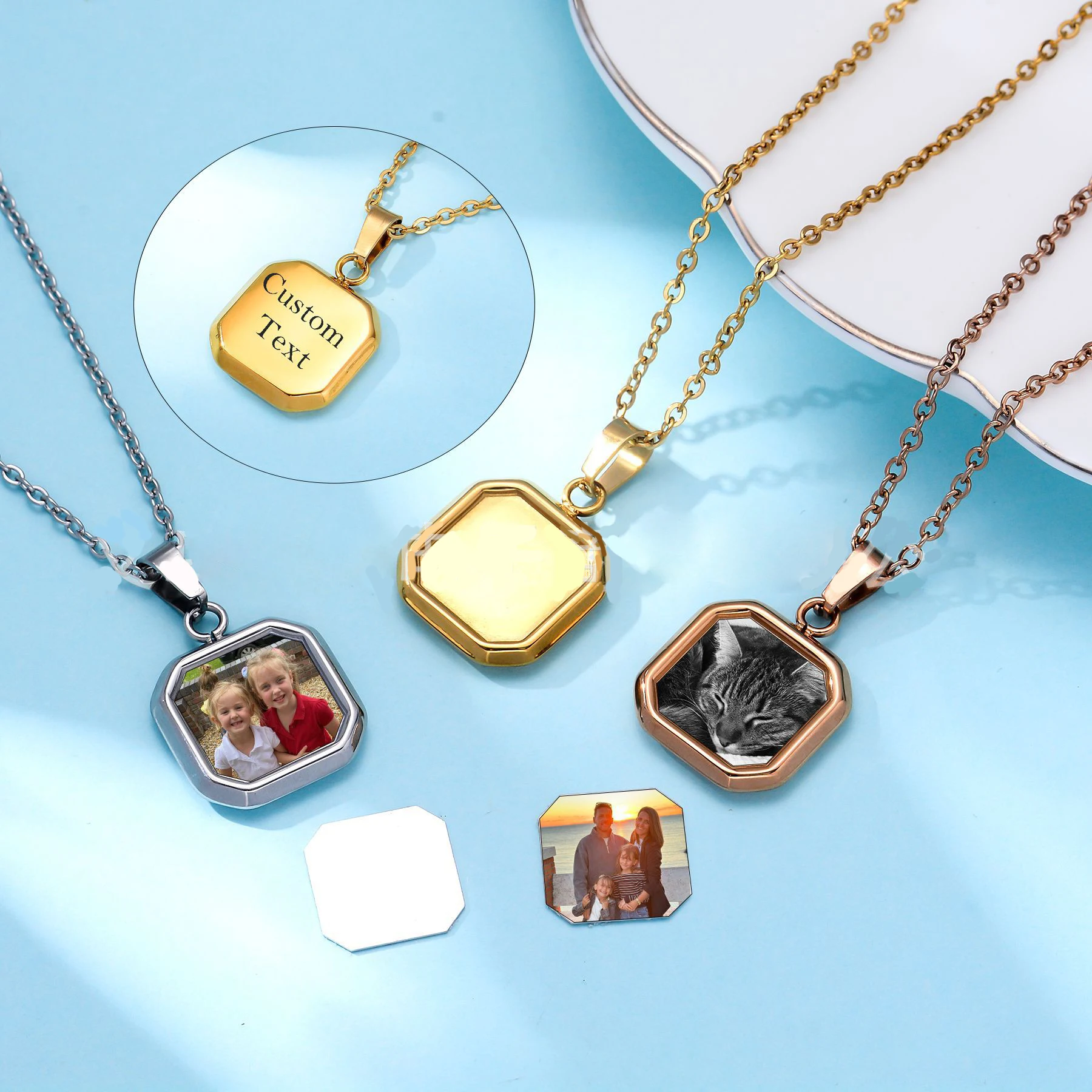 Custom Photo Sqaure Shape Pendant Stainless Steel Necklace Personalized Picture Words Choker Accessory