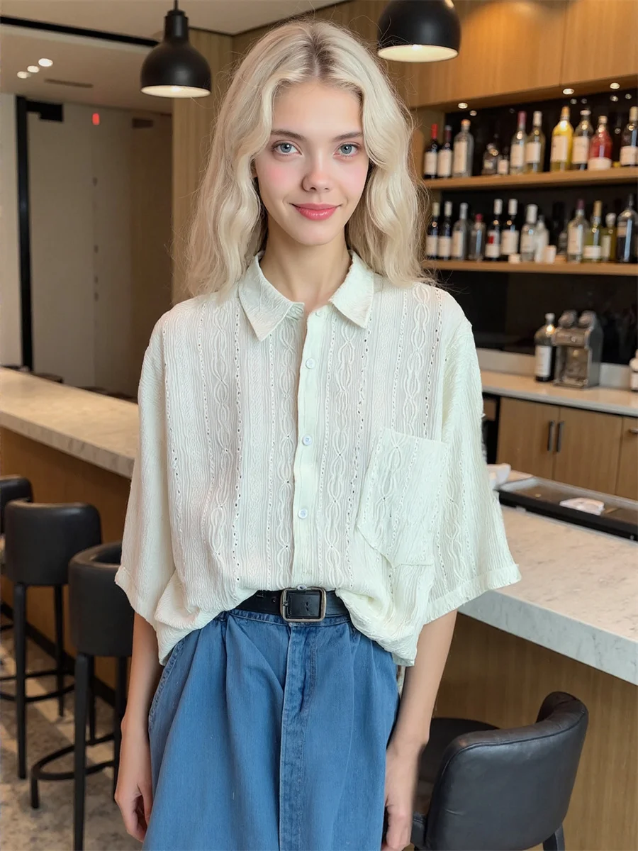 반팔 플러스 사이즈 여성 여름 셔츠 클래식 스타일 반단추 디자인 앞면 캐주얼 심플 베이직 미니멀리스트