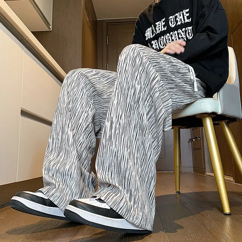 

Men's Casual Sports Pants Spring Autumn Wide Leg Drapey Trendy Striped Straight Leg Pants Youthful Vitality Style Polyester F...