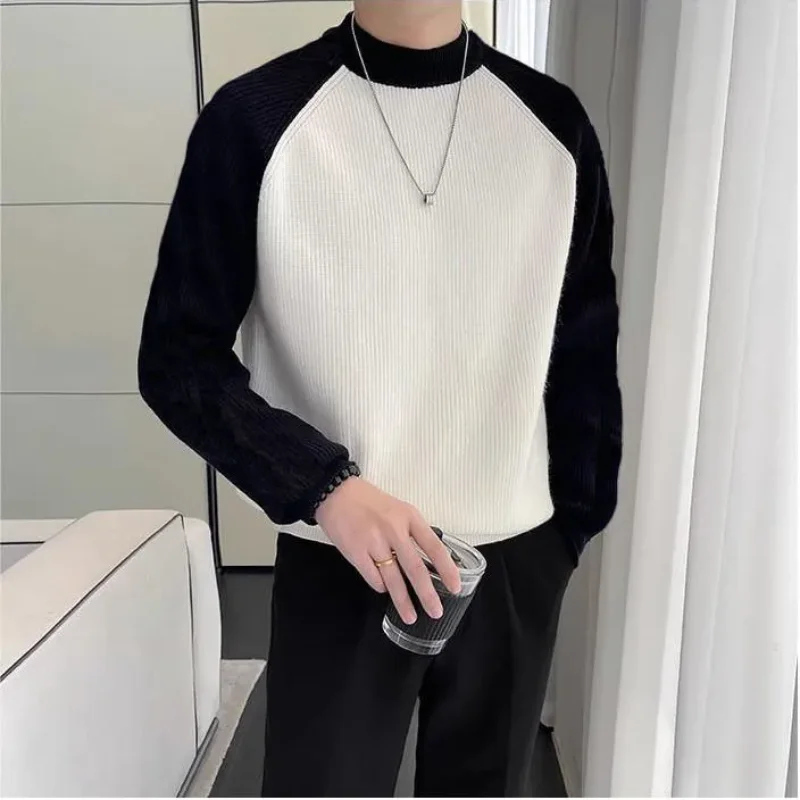 Contrast Color Splicing Crew Neck Sweater Men's Autumn and Winter Korean Style Versatile Sweater Pullover Crew Neck Top