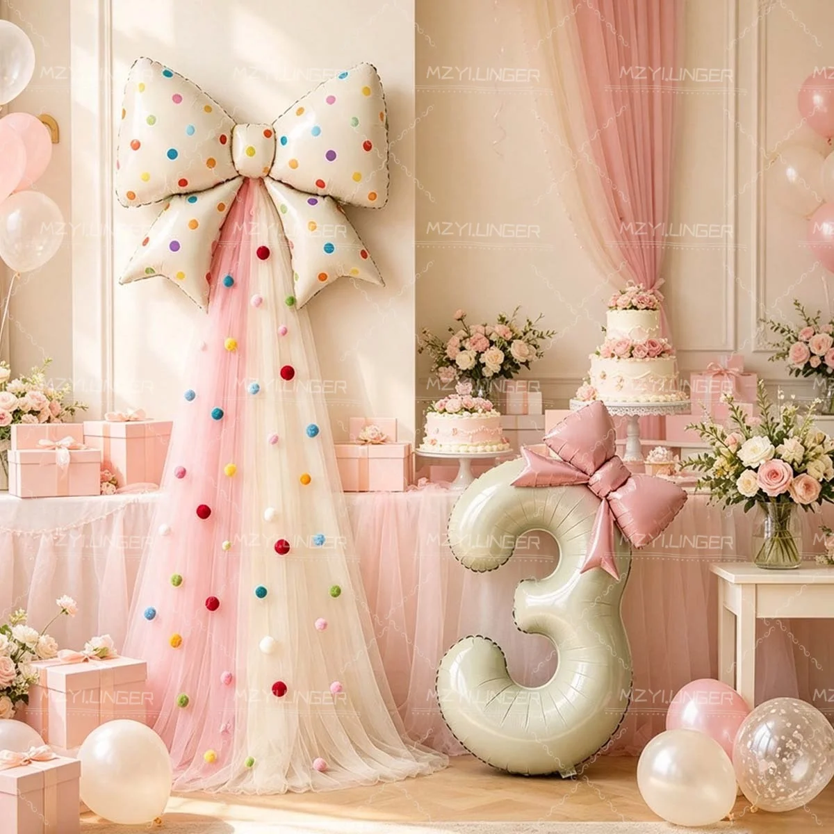 Milchweiße Zahlenballons mit Gepunkteter Schleife Rosa Tüll DIY Party-Deko-Set für Babypartys Geburtstage Jahrestage