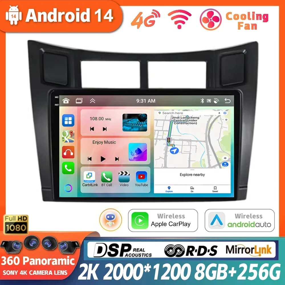 

9" Android 14 Car Radio Auto Multimedia Player For Toyota Yaris 2007-2012 GPS Navigation Carplay Stereo Head Unit Touch Screen