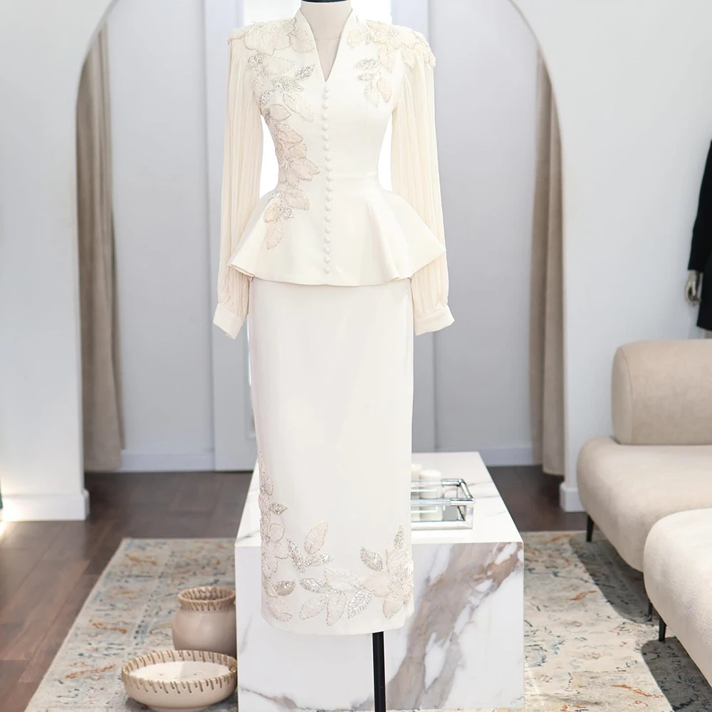 

Customized Straight Evening Dresses Tea-length V-neck Full Sleeve Prom Gown Fashion Flowers Button Simple Draped Party Gown