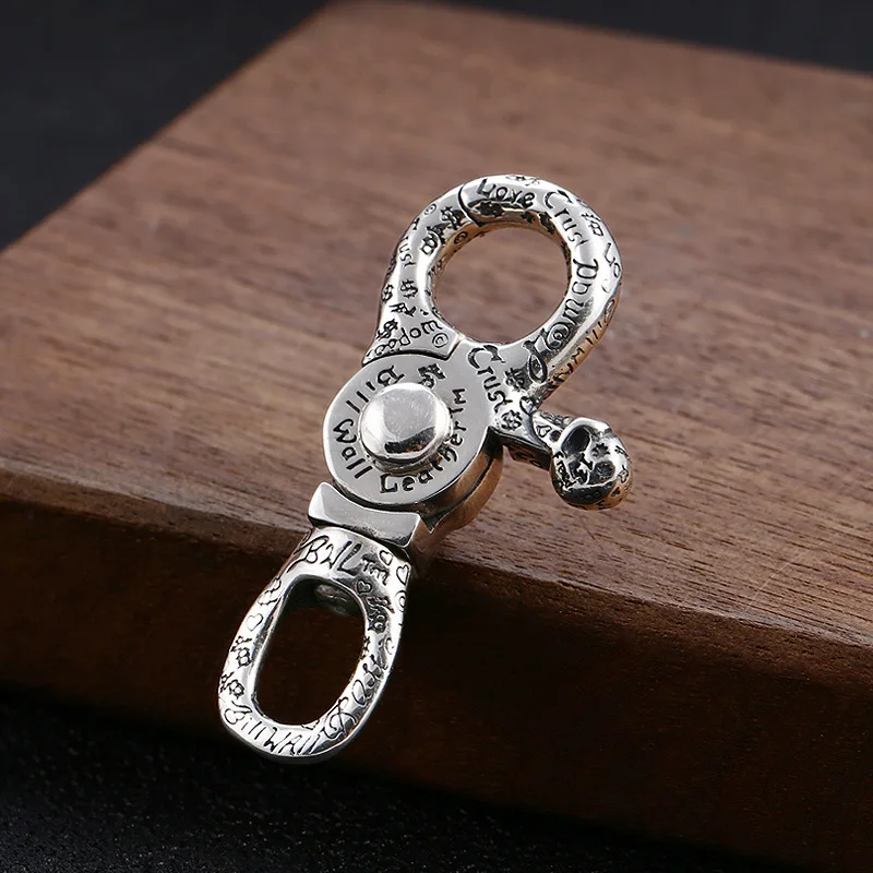 BOCAI  S925 Silver Pendant Skull Keychain Turnable, English Letter Graffiti Thai Vintage Ornament Valentine's Day Gift