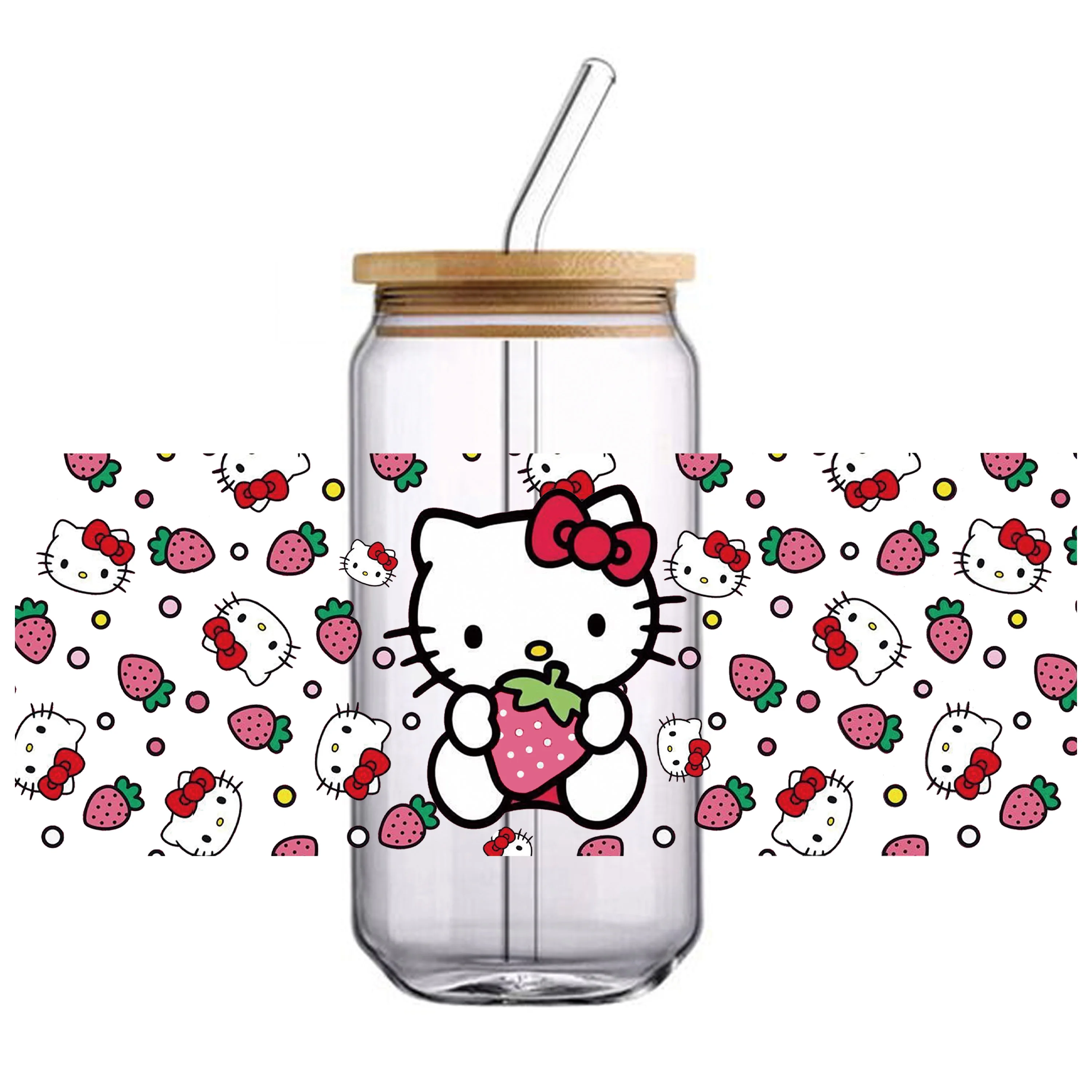 سانريو مرحبا كيتي 16 أوقية UV DTF كأس يلتف زجاجة ملصق للزجاج Libbey يمكن زجاجة ذاتية اللصق قابل للغسل مقاوم للماء لتقوم بها بنفسك مخصص #4
