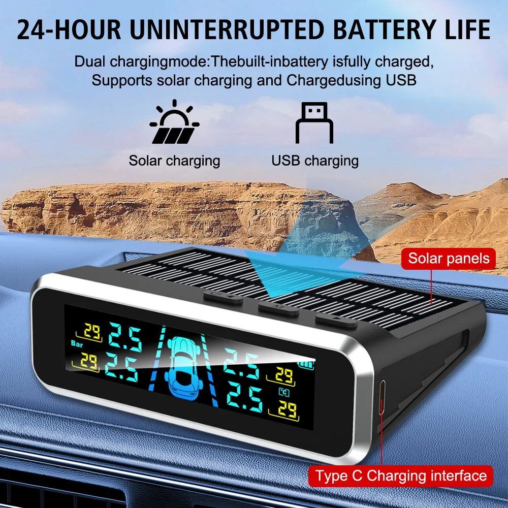 

Car Tire Pressure Monitoring System USB / Solar TPMS Auto Security Alarm Systems Digital LCD Display 0-6.0Bar Universal