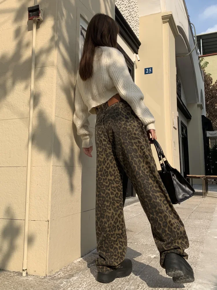 American Vintage Leopard Print Loose Women Jeans Autumn New Classic Straight High Waist Slim Casual Fashion Female Jeans