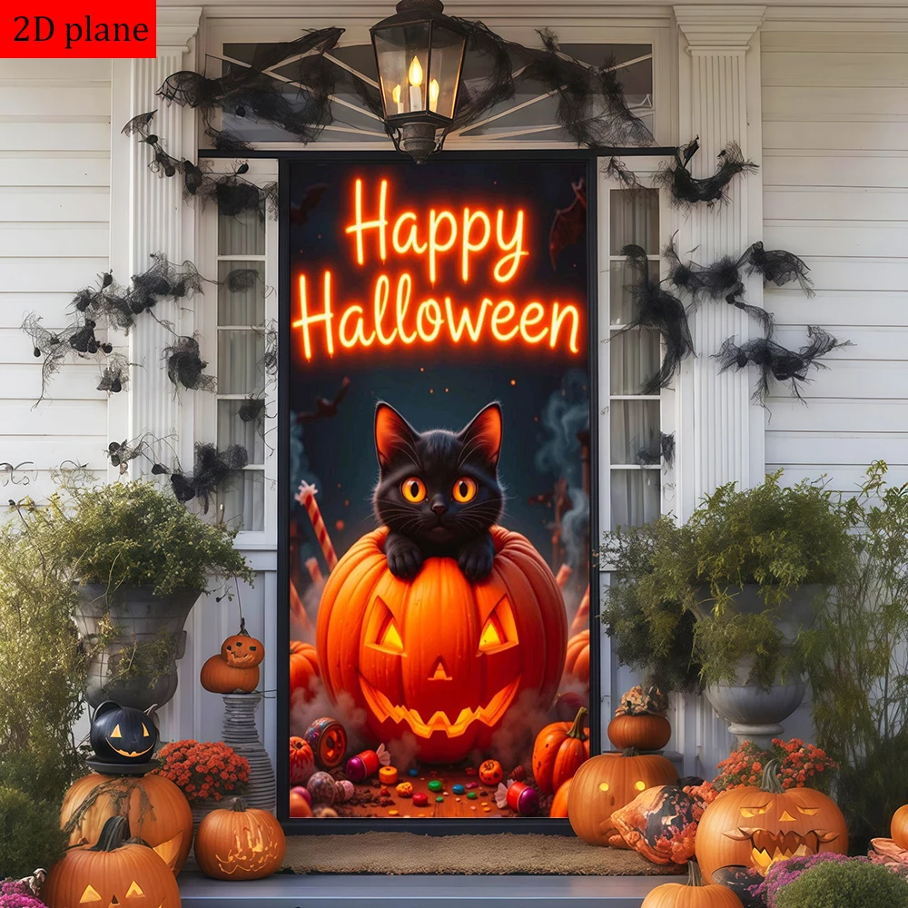 decoracao-de-halloween-com-gato-preto-jack-o'-lantern-e-doces-para-a-moldura-da-porta-com-elastico-de-alta-elasticidade
