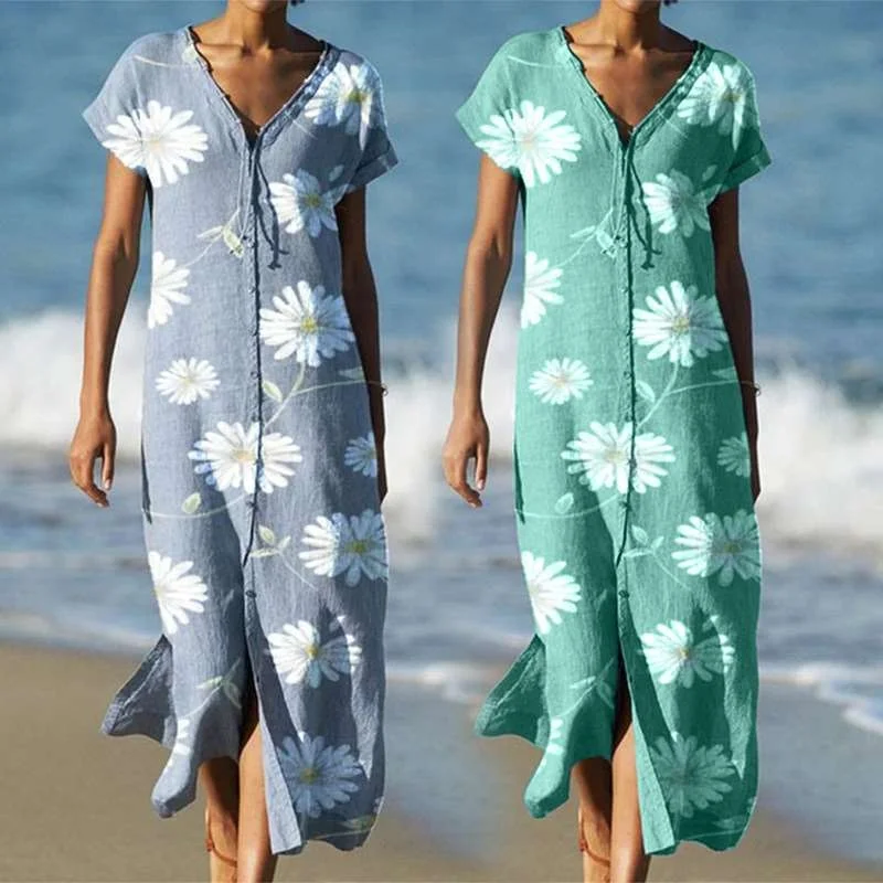

F947 Summer New Long Skirt Faion Split V-Ne Dr CleanFit Sle 00% Linen Material ort Sve Uneven Hem CiWalk Sui...