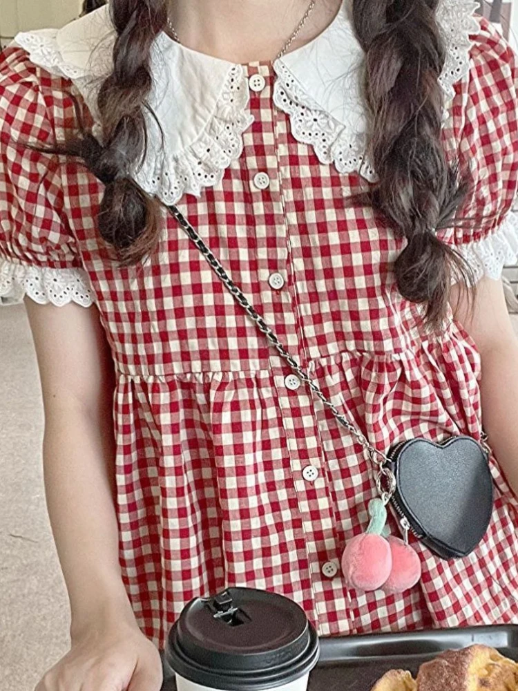 KOSAHIKI Red Plaid Blouse Women Kawaii Peter Pan Collar Lace Ruffle Shirt Japanese Girl Cute Puff Sleeve Vintage Tops Blusas