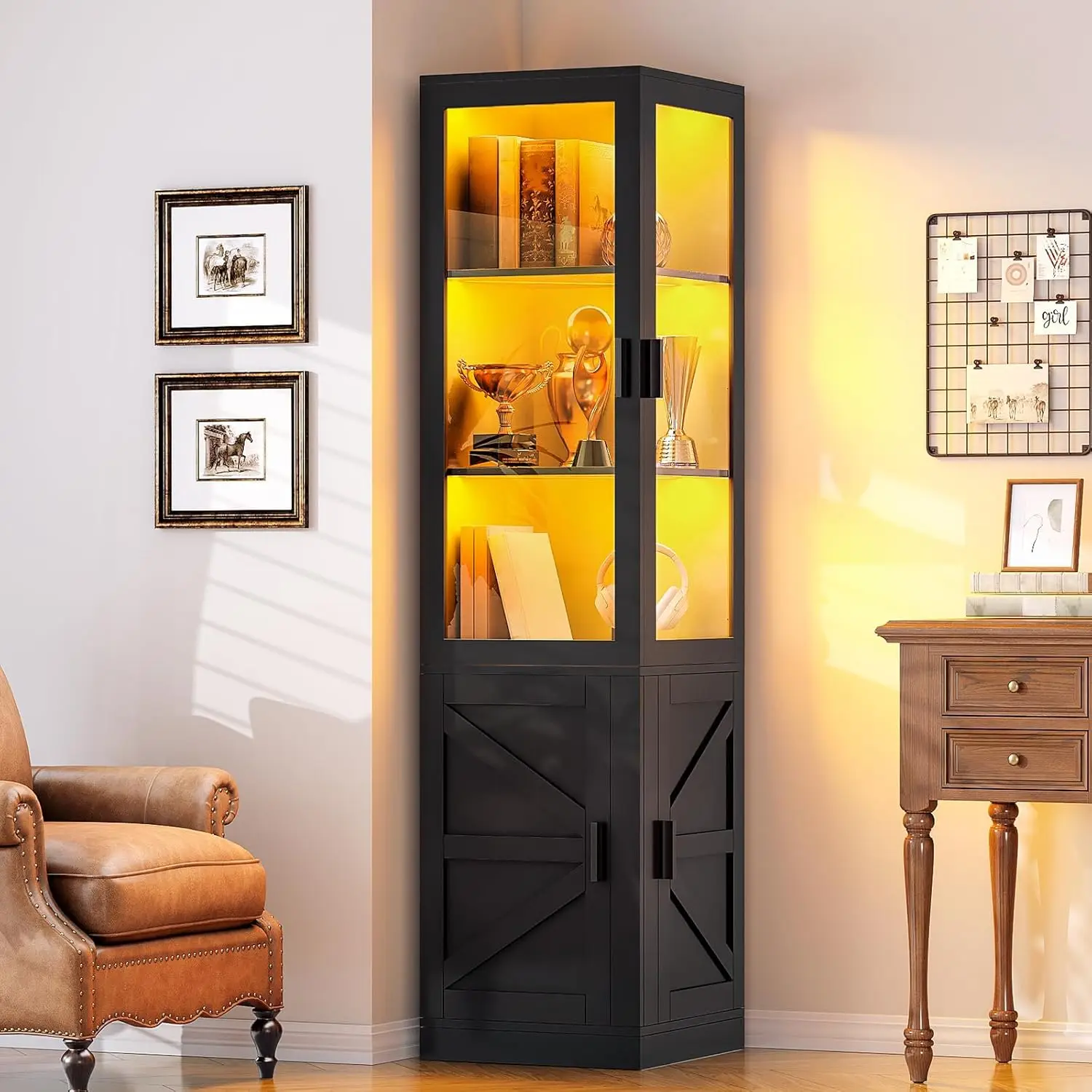 #Corner Display Cabinet Glass Doors Lights Shelves Collectibles Books Modern Curio