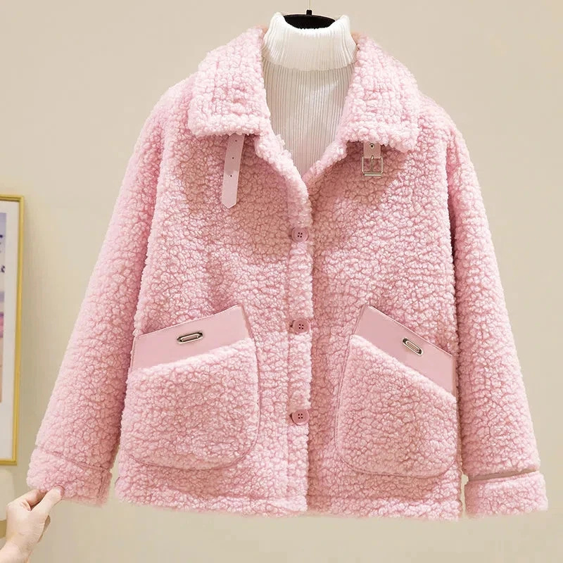 Cappotto invernale da donna in lana di agnello spessa nuovi top monopetto giacca tascabile in velluto a grana larga Cardigan corto All-in-one in pelliccia femminile