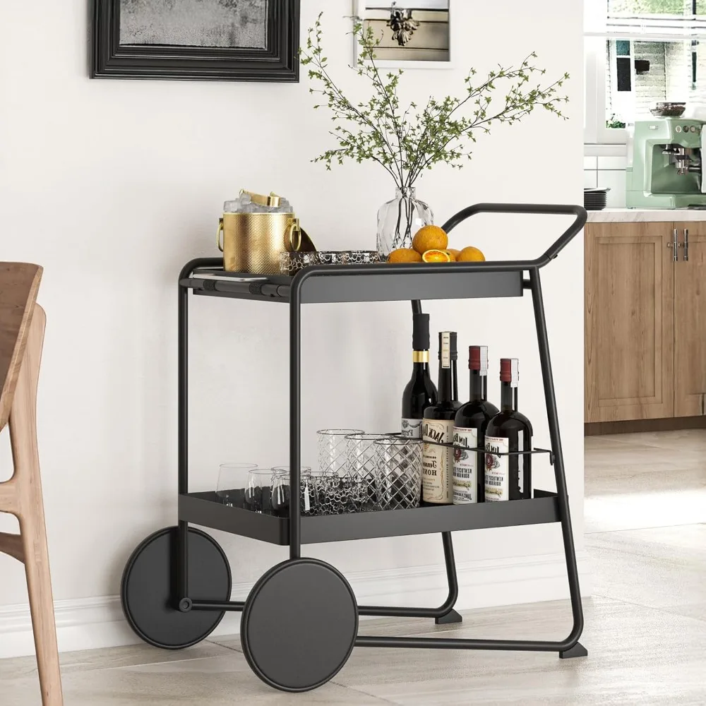 

Bar Cart, Home Bar Serving Cart with Extra-Large Wheel, Removable Tray & Wine Rack, Modern2 Tier Storage Carts for Drink, Rollin