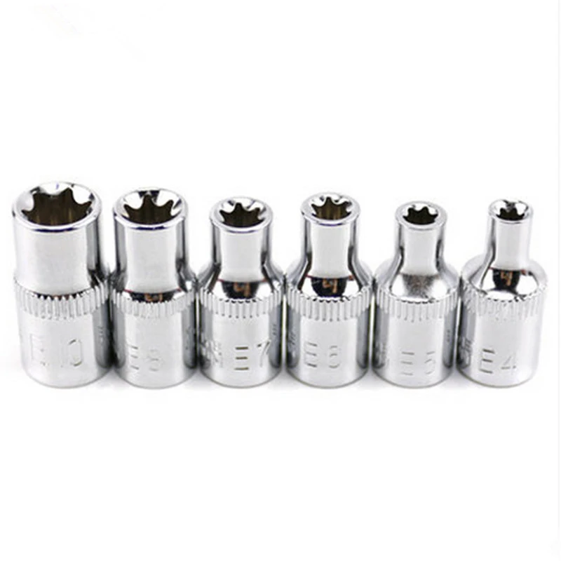 

6Pcs/set Drive Socket 1/4 Hexagon Torx Star Female Bit Socket Set For Star Bolts E4 E5 E6 E7 E8 E10 Steel Hand Tool Accessories