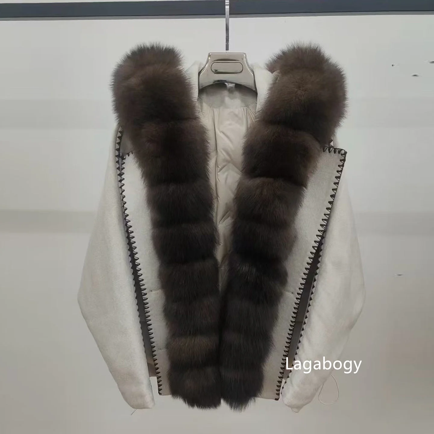 Lagabogy Luxury Real Fur Duck Down Clothes Overszie Women Wool Blend Puffer Jacket With Real Fox Fur Collar New Winter Warm Coat