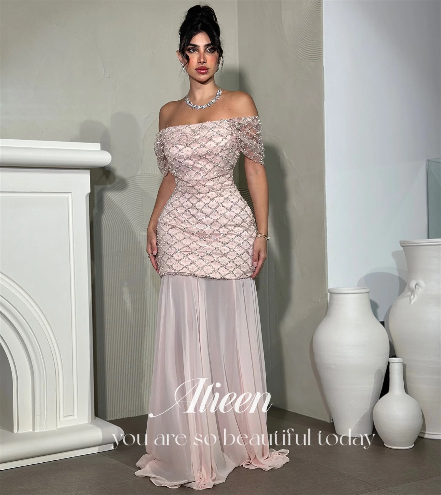 Aileen Off the Shoulders Square Bead Embroidery Pink Mermaid Evening Dresses for Formal Occasions Luxury Wedding Dress Party