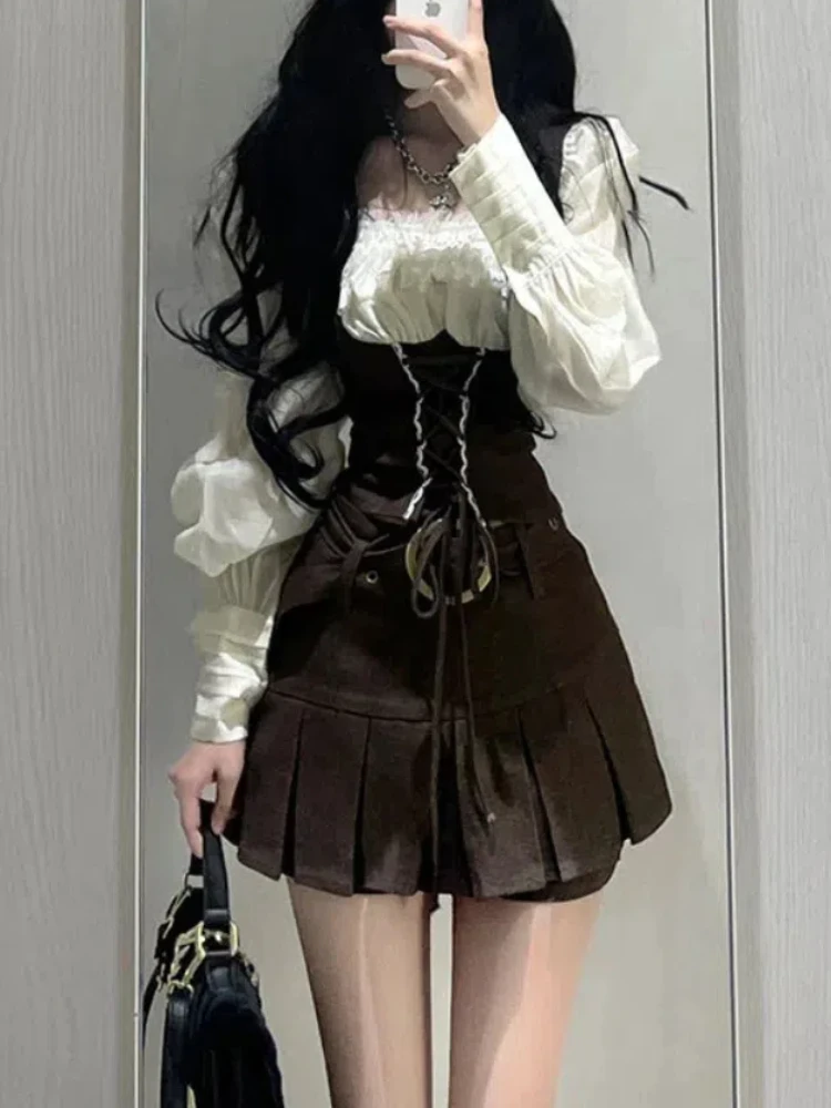 Sweet Kawaii New Two Piece Set Women Frence Ruched Y2K Patchwork Mini Skirt Suit Female Korean Fashion Lace Up Casual Sets 2024