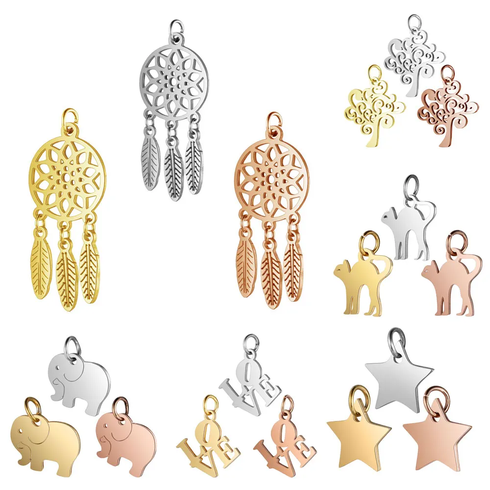 5pcs/lot Dreamcatcher Star Stainless Steel DIY Jewelry Charms Wholesale Geometric Life Tree Star Necklace Making Pendant