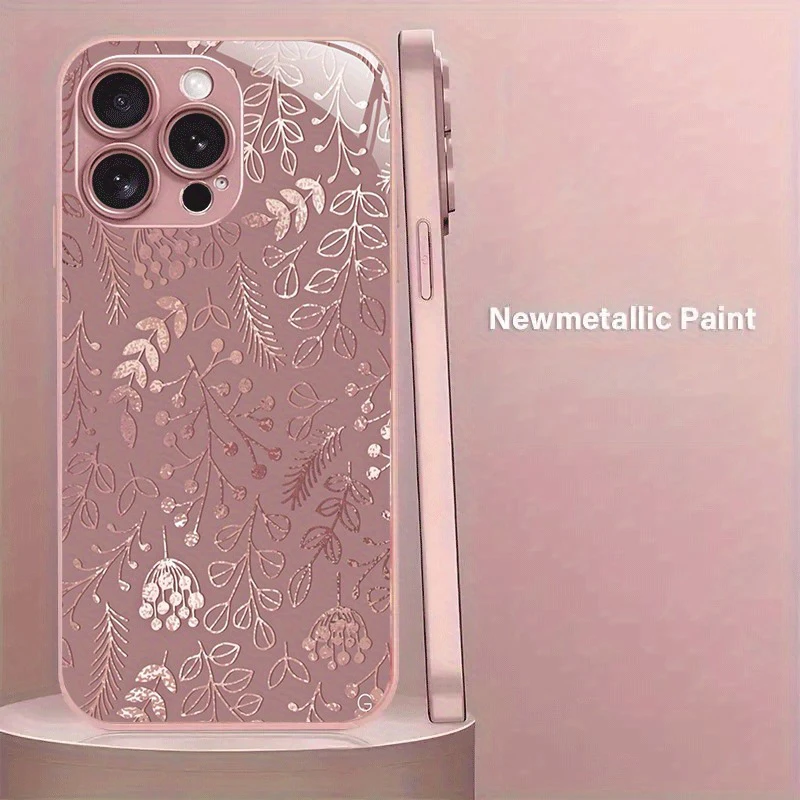 

Creative Pink Flower Plants Pattern Metallic Paint Glass Phone Case For iPhone 11 12 13 14 15 16 17 Pro Max Plus 16E 17Air Cover