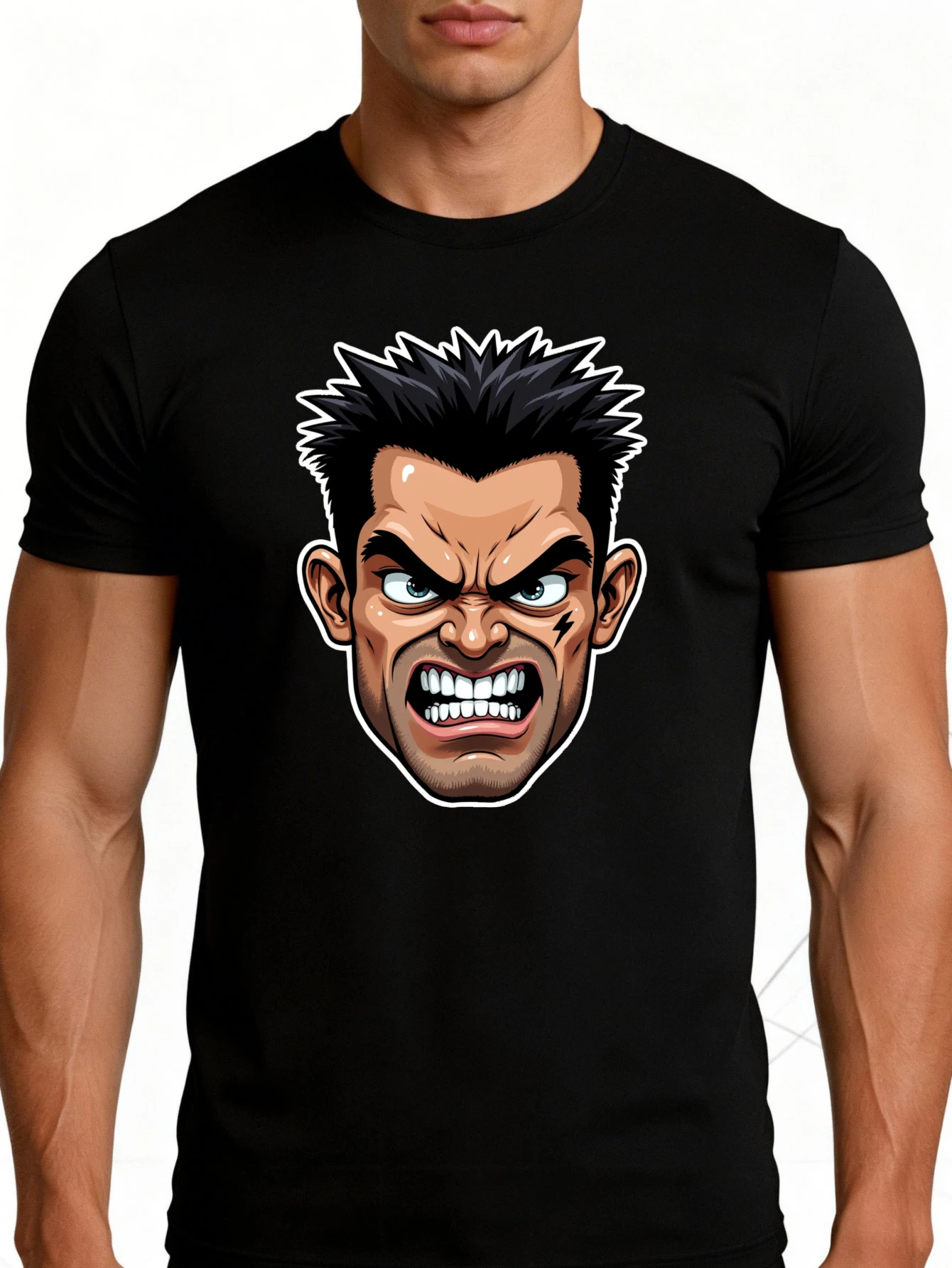 Men's Graphic T-Shirt - Breathable, Soft, Lightweight - Angry Cartoon Face Design - Retro Fun Pattern Casual Short Sleeve Summer Top, Gift for Him