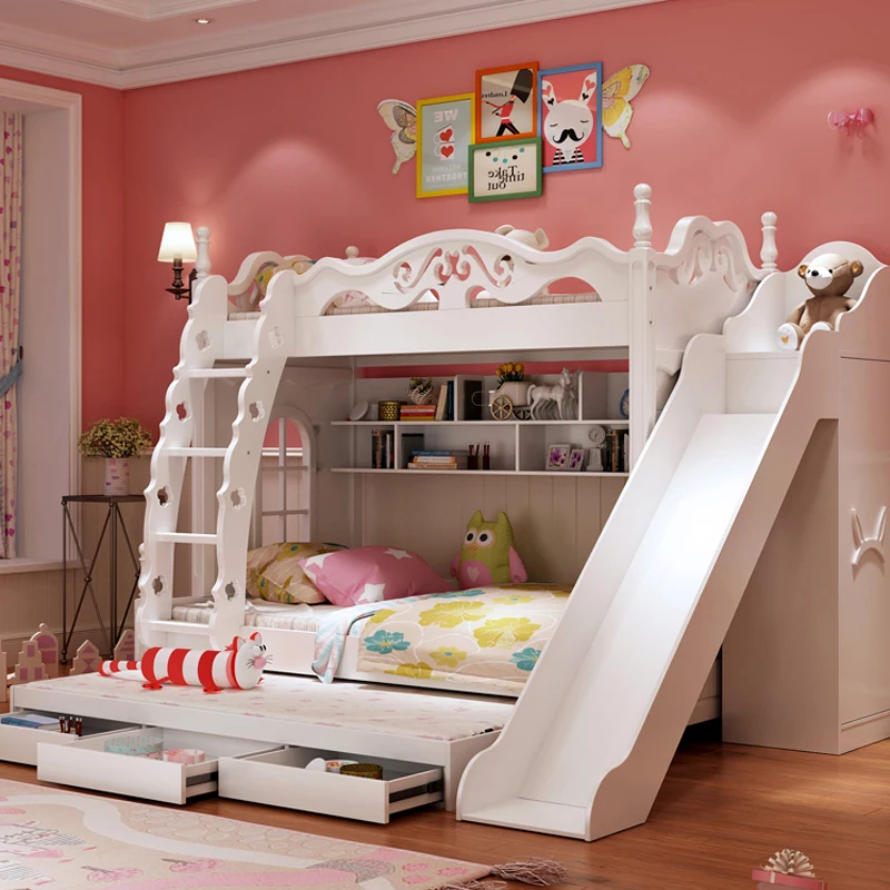 upper and lower bunk beds, two upper and lower bunk wooden beds, princess castle high and lower child and mother beds as a whole