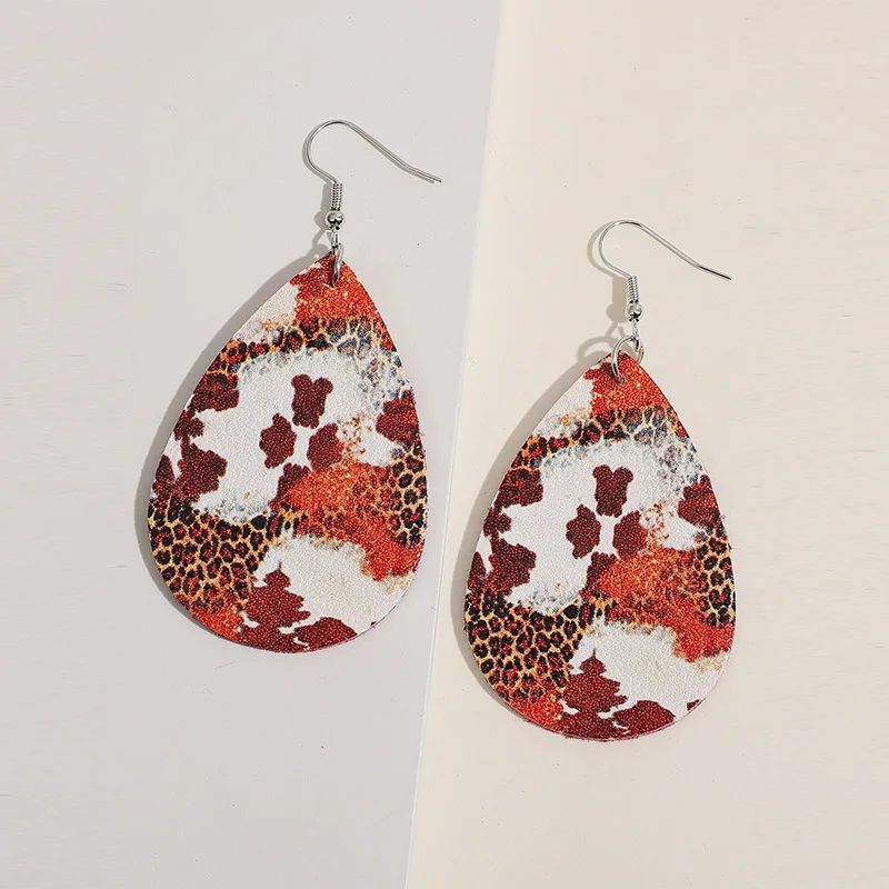 Accessories retro water drop-shaped leopard print leather earrings irregular printing double-sided earrings
