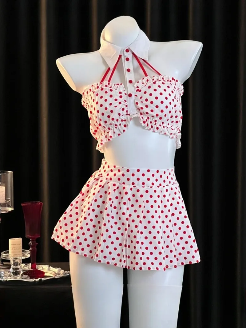 

Red Polka Dot Pleated Skirt Pajama Set for Girls,JK-inspired Style,Soft Fabric with Feminine Allure,Cute and Sexy Homewear