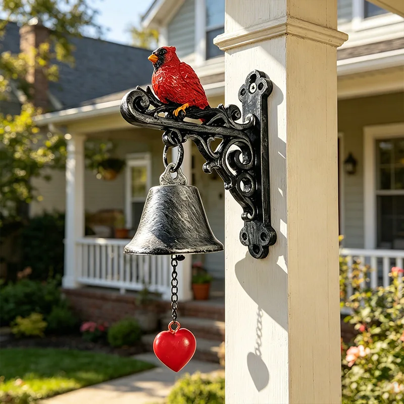 Vintage Resin Cardinal Bird Wind Chime, Heart‑Shape Pendant Hanging Bell Ornament for Garden Porch Patio Decor