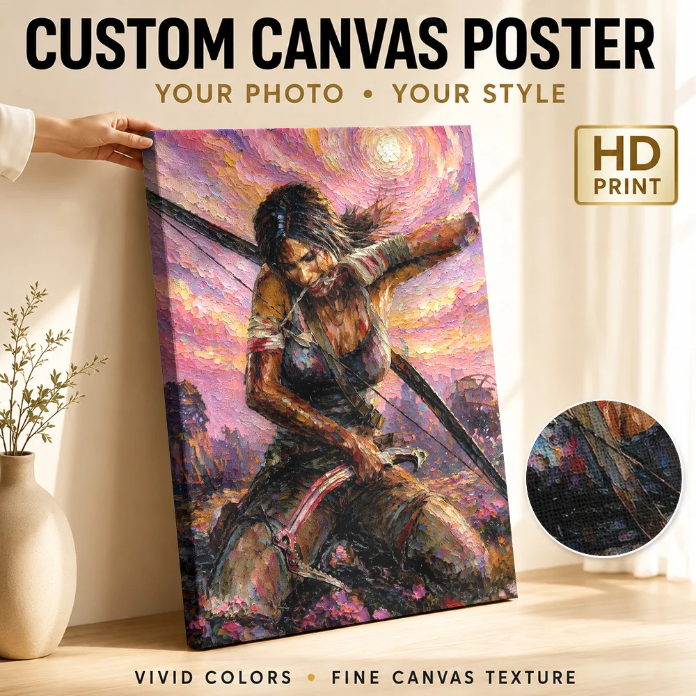 Lara Croft with Bow and Arrow Canvas Print Poster Custom Gaming Anime Wall Art for Game Room Decor Ready to Hang Gift for Fans