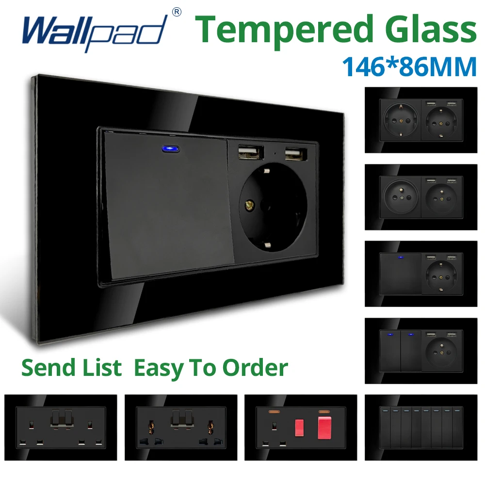 Wallpad Black 146*86mm Glass Panel Wall EU Electrical Outlets And Switches LED  1 2 3 Gang USB Charge Port Momentary Contact