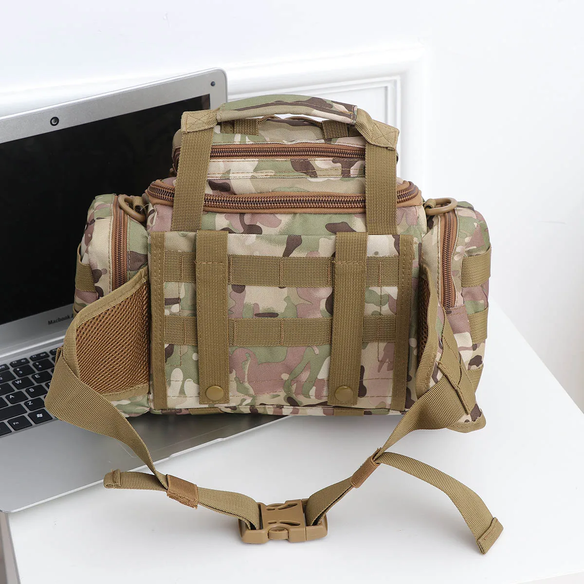 

1pc Large Capacity Gear Bag Multi Pocket Water Resistant Nylon Outdoor Fishing Bag With Reinforced Stitching Wide Shoulder Strap