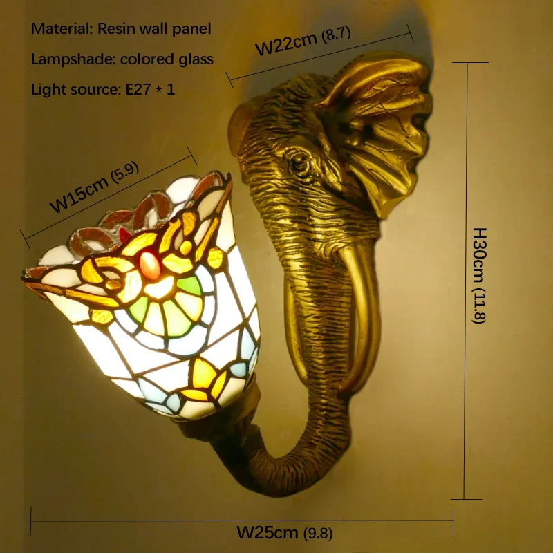 SEAN Tiffany Elephant Wall Lamps Vintage Bedroom Bathroom Mirror Front Lamp Hotel Restaurant Stained Glass Wall Lamp