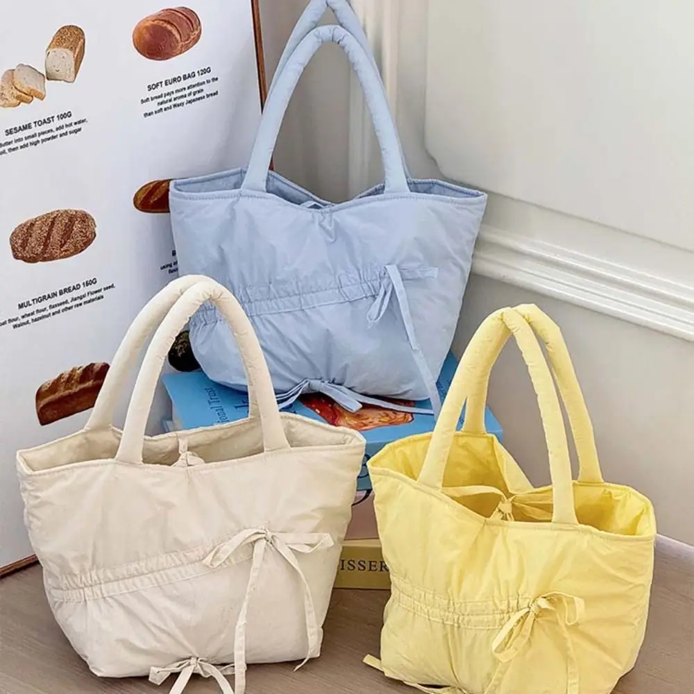 Cool Nylon Pleated Design Hand Bag Stuffed Cotton Bow INS Shoulder Bag Korean Style Portable Mini Tote Bag Travel