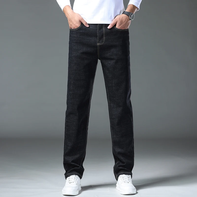 브랜드 의류 가을 겨울 클래식 비즈니스 청바지 남성 두꺼운 데님 바지 스트레이트 작업 캐주얼 바지 남성 플러스 사이즈 28-40