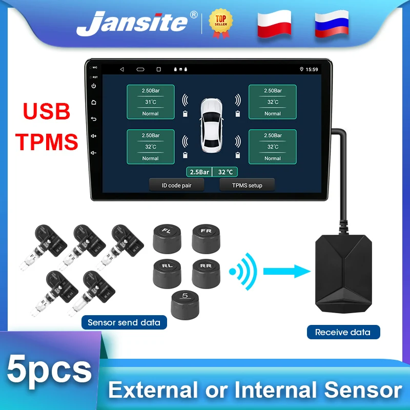 Jansite USB TPMS Car Tire Pressure Alarm Monitor System For Car Radio Android Navigation Player 5pcs External or Internal Sensor