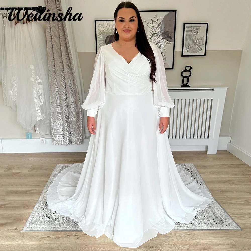 

Weilinsha Plus Size Wedding Dress for Brides Classic V Neck Chiffon Bridal Long Sleeves Court Train with Butons Customize